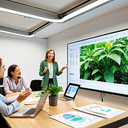 Home 19 **
A bright, modern office space with a diverse team of professionals collaborating on a sustainability project. Green plants are visible, and the overall atmosphere is energetic and optimistic. A consultant points to a sustainability report on a large screen. Focus on concepts of "Sustainable Development," "ESG."
**