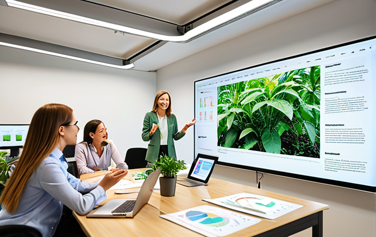 **

A bright, modern office space with a diverse team of professionals collaborating on a sustainability project. Green plants are visible, and the overall atmosphere is energetic and optimistic. A consultant points to a sustainability report on a large screen. Focus on concepts of "Sustainable Development," "ESG."

**