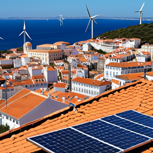 Home 18 Renewable Energy Transition in Portugal**
* **Prompt:** Solar panels on rooftops in Lisbon, wind turbines along the Algarve coast, showcasing Portugal's commitment to renewable energy. Blue skies, modern architecture, sustainable future, environmental protection.
**