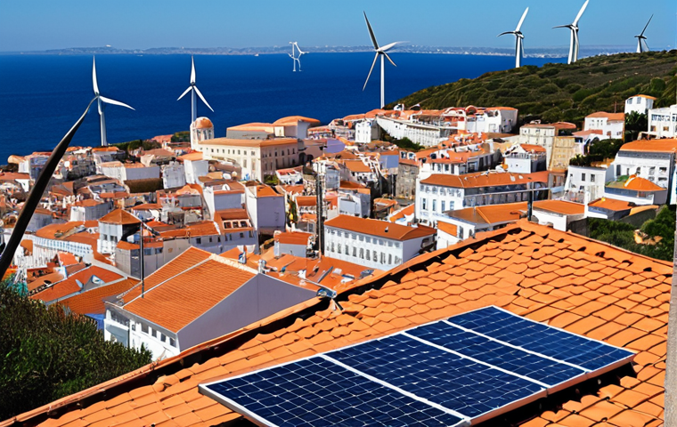 Renewable Energy Transition in Portugal**

*   **Prompt:** Solar panels on rooftops in Lisbon, wind turbines along the Algarve coast, showcasing Portugal's commitment to renewable energy. Blue skies, modern architecture, sustainable future, environmental protection.

**
