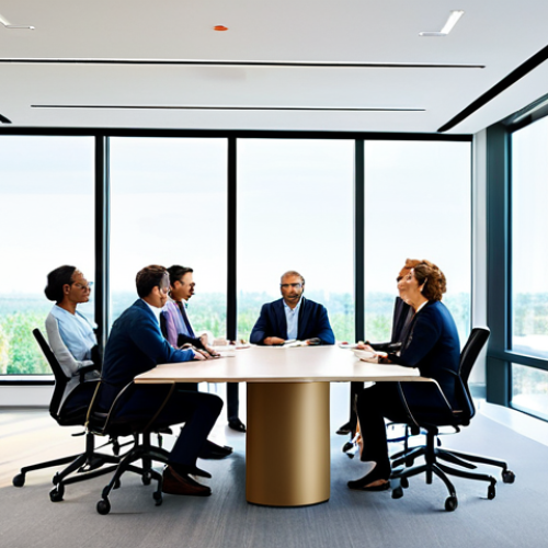 Home 8 A diverse group of professional business executives, fully clothed in modest, appropriate business attire, are engaged in a collaborative discussion around a large, modern conference table in a bright, contemporary office space. Large windows offer natural light, and subtle elements of sustainability, like potted green plants and digital screens displaying abstract ESG data visualizations, are visible in the background. The scene conveys innovation and strategic planning within a corporate setting. They exhibit perfect anatomy, correct proportions, and natural poses, with well-formed hands and proper finger count, ensuring natural body proportions. The image should be safe for work, appropriate content, professional, and family-friendly, rendered with high-quality professional photography.