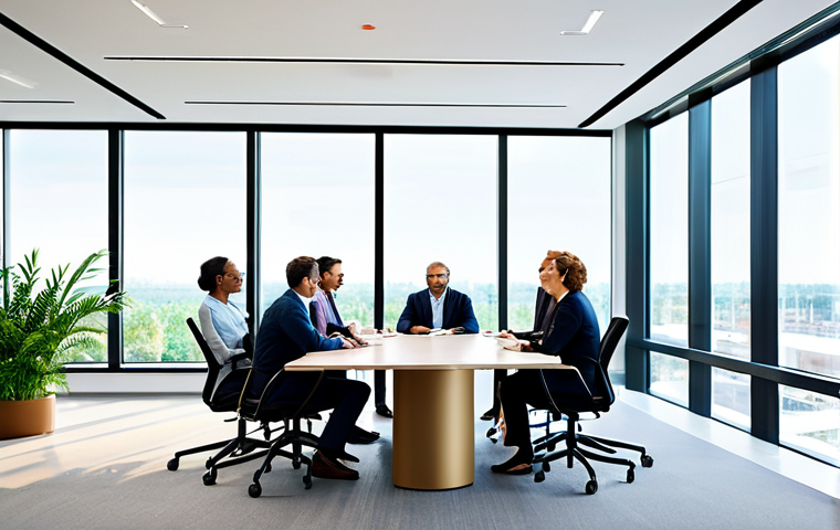 A diverse group of professional business executives, fully clothed in modest, appropriate business attire, are engaged in a collaborative discussion around a large, modern conference table in a bright, contemporary office space. Large windows offer natural light, and subtle elements of sustainability, like potted green plants and digital screens displaying abstract ESG data visualizations, are visible in the background. The scene conveys innovation and strategic planning within a corporate setting. They exhibit perfect anatomy, correct proportions, and natural poses, with well-formed hands and proper finger count, ensuring natural body proportions. The image should be safe for work, appropriate content, professional, and family-friendly, rendered with high-quality professional photography.