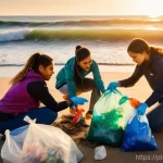 지속가능성 전문 직무의 강점과 약점 - **"A vibrant, diverse group of young adults, two women and one man, are energetically collecting pla...