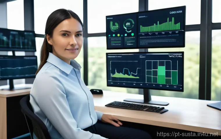 지속가능성 전문가의 데이터 분석 방법 - **Prompt:** "A focused female sustainability data analyst, mid-30s, professionally dressed in a smar...